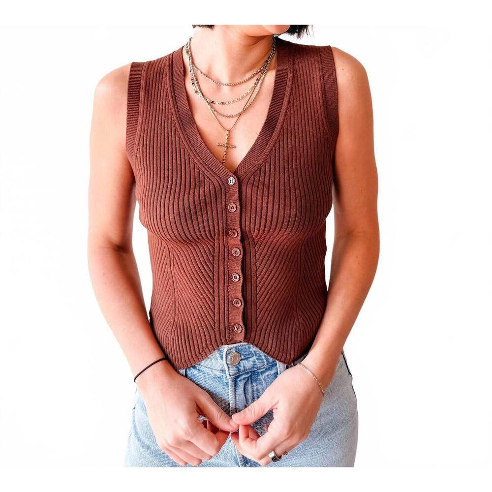 NEW CURRENT AIR coffeehouse ribbed button tank top in brown